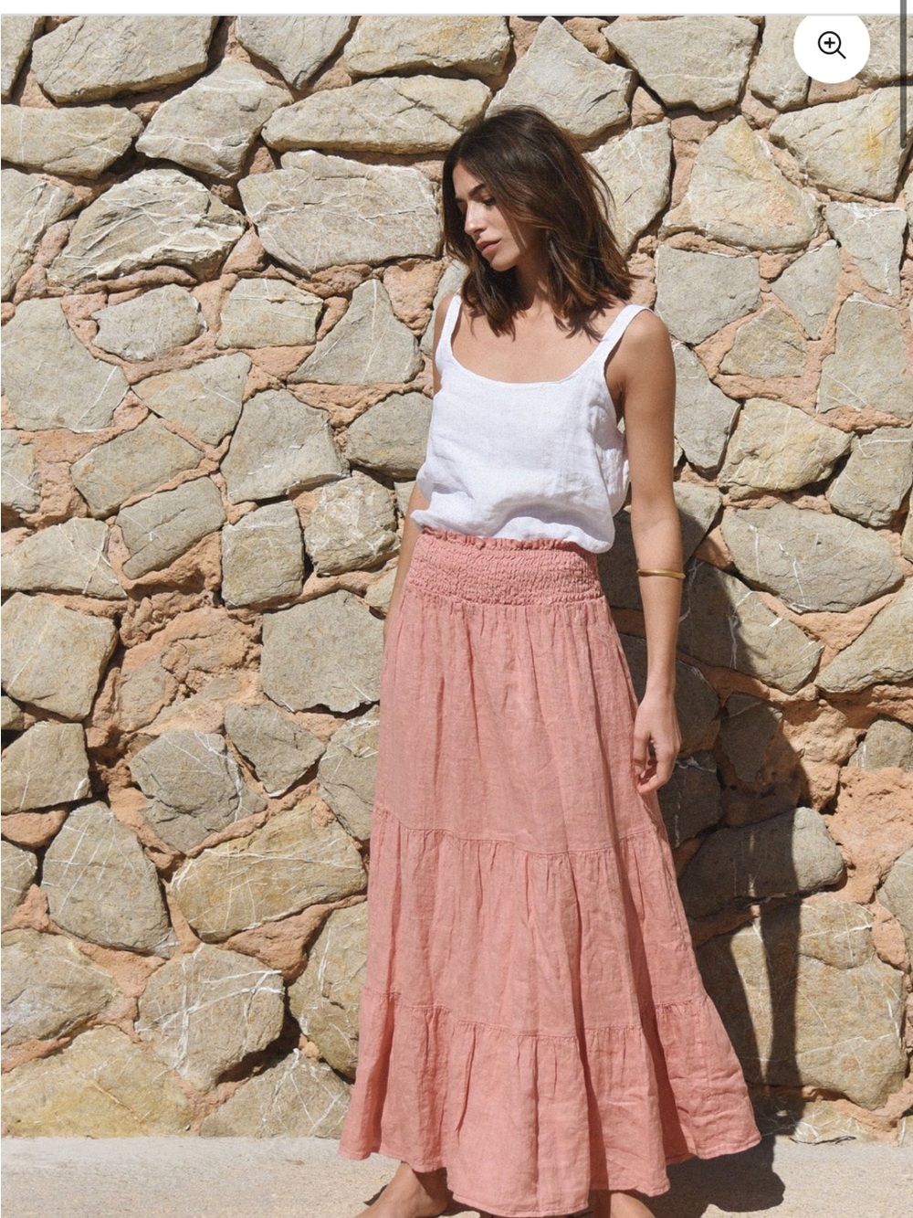 Smocked Waist linen  Tiered Maxi Skirt in pink